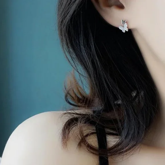 New 925 Sterling Silver Diamond Butterfly Earrings - Picture 2 of 6